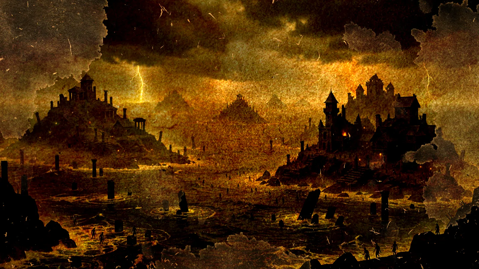 Storm-lit silhouettes of the Fallen City's ruined hilltop shrines rise from ash-choked shores as lightning splits the mist over Atoles' cursed isles.