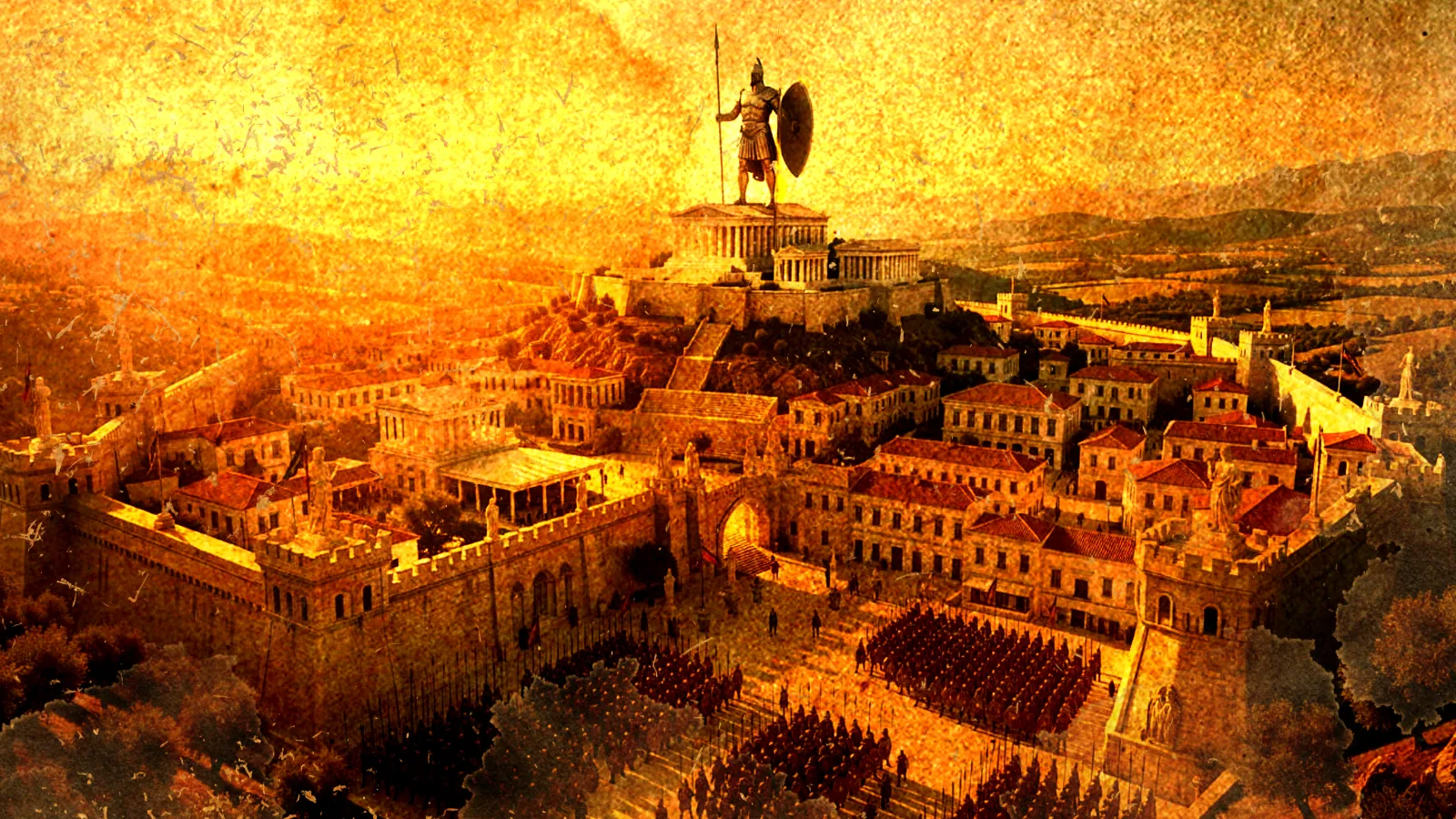 The bronze steel Spearman statue crowns Avaton Acropole at sunset, ranks of phalanx troops massed on the marble stairs below.
