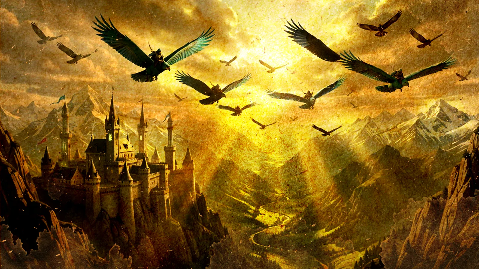 Cyan Falcons and their riders soar past a cliffside mountain castle, sunlight streaming down a green valley below the Falconhand stronghold.