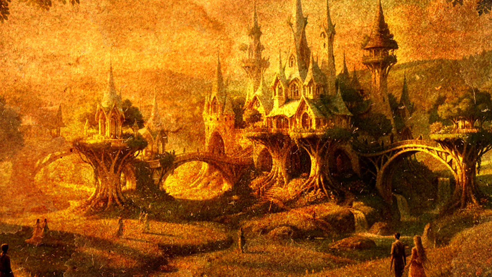 Living root bridges and spired tree-halls rise in warm golden light around Everday's fey city, figures strolling beneath ironwood arches.