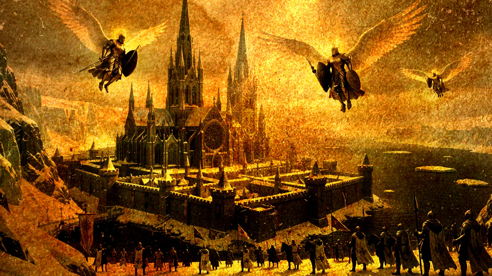 Winged Iron Knights descend over Wingspyre's cathedral spires as a robed procession with banners gathers before the fortress gates.