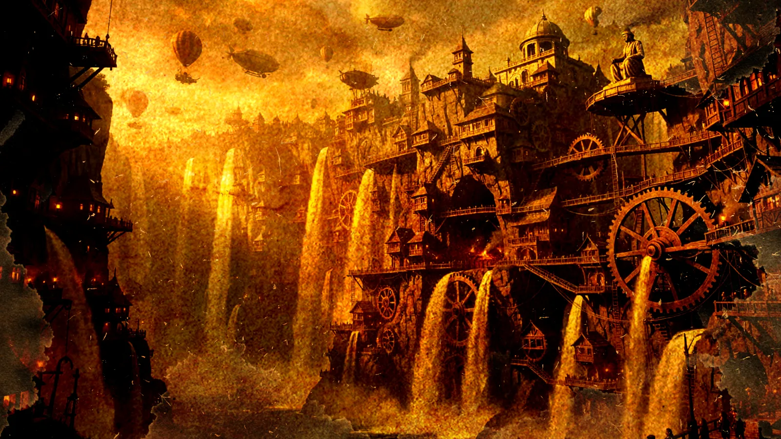 Airships and balloons drift above Kinetika City's waterfall-driven gearworks, wooden wheels and cascades built into the cliffside gnomish capital.