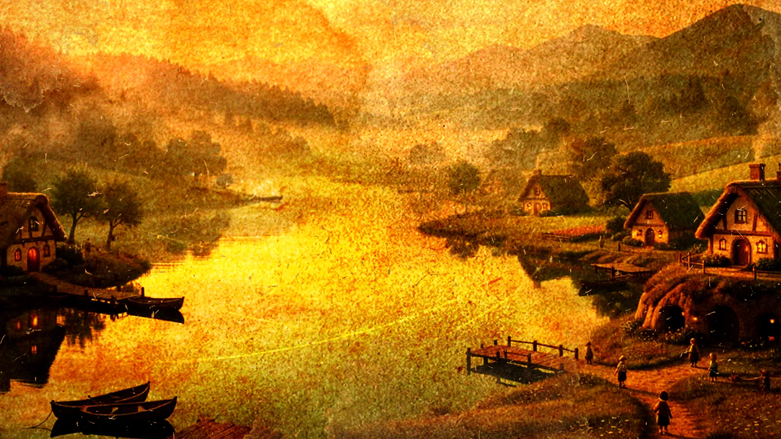 Thatched lake houses and moored rowboats line a calm river at dawn, mist rising over Lakedawn's peaceful halfmen countryside.