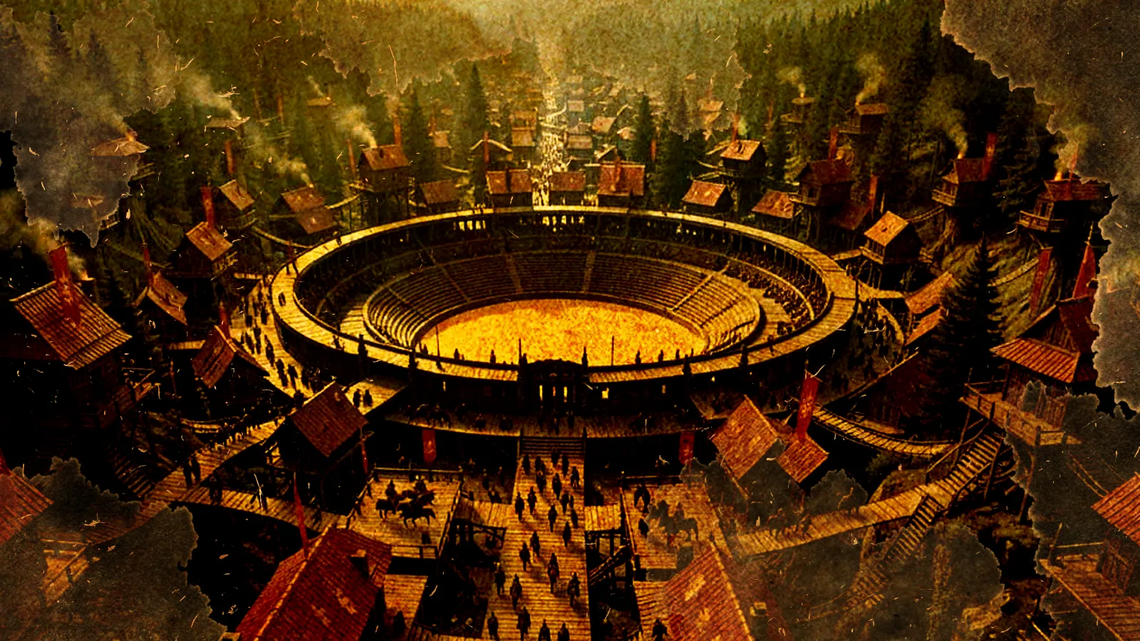 Lydoria's circular wooden arena, ringed by pine forest and banner-hung houses, gathers a crowd of onlookers in golden evening light.