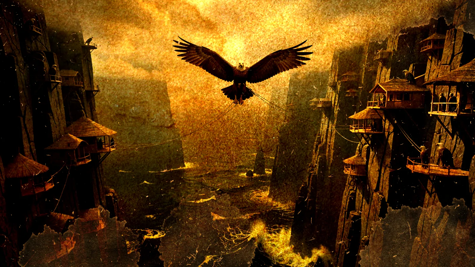 A great eagle glides between cliffside nests and rope-strung dwellings of the Winged Sierra, wings spread wide over Makinka's canyon settlement.