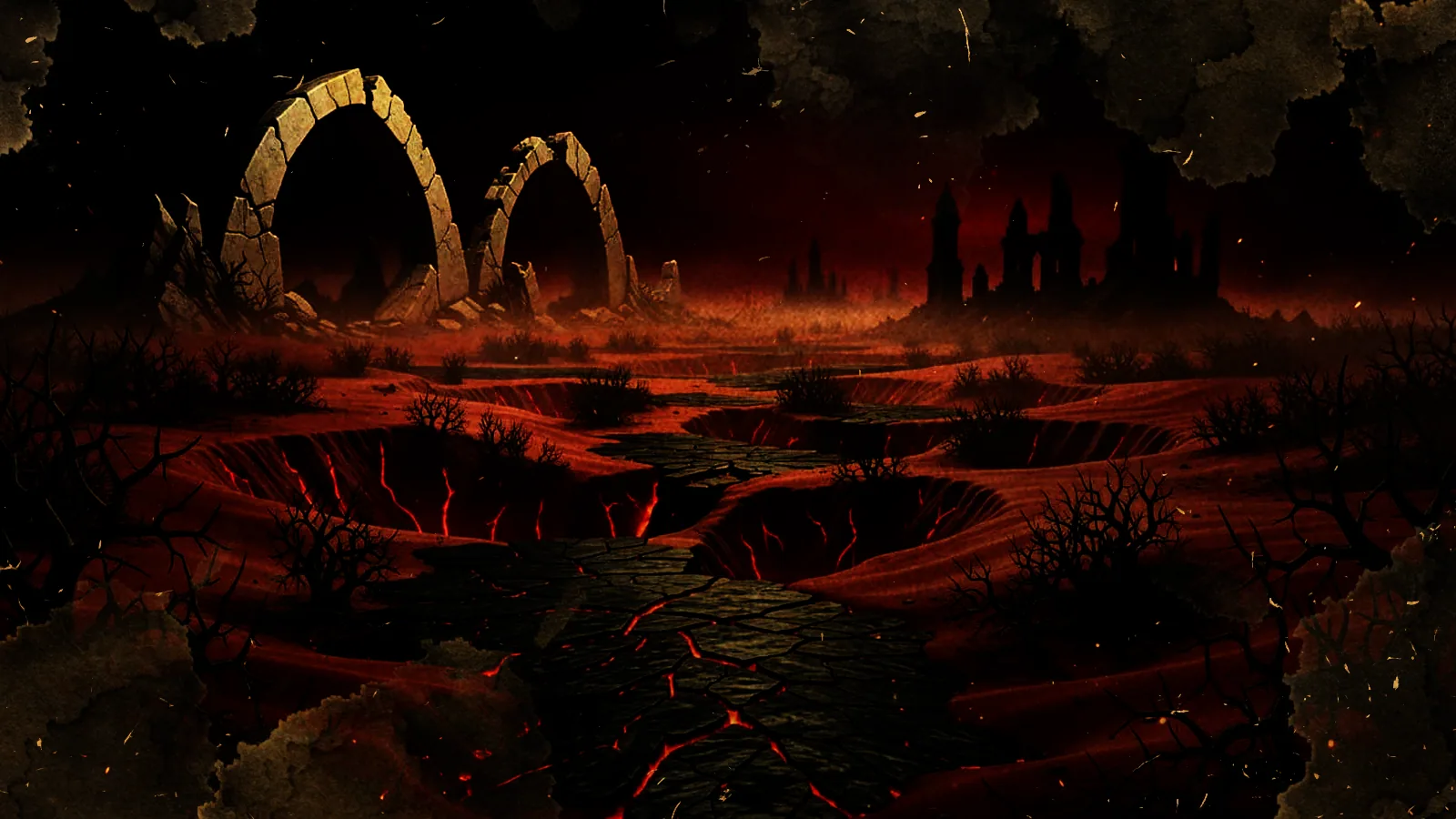 Broken stone archways stand over a cracked, fire-veined wasteland with Ahriman's black spires looming in smoky silhouette in the distance.