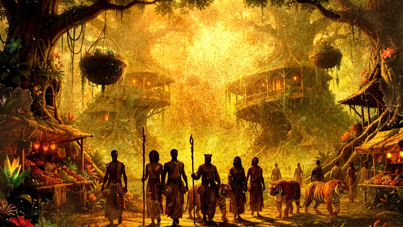 Spear-carrying Sinbadians and striped tigers walk a jungle path past hanging market stalls and treehouses beneath SinBa's golden forest canopy.