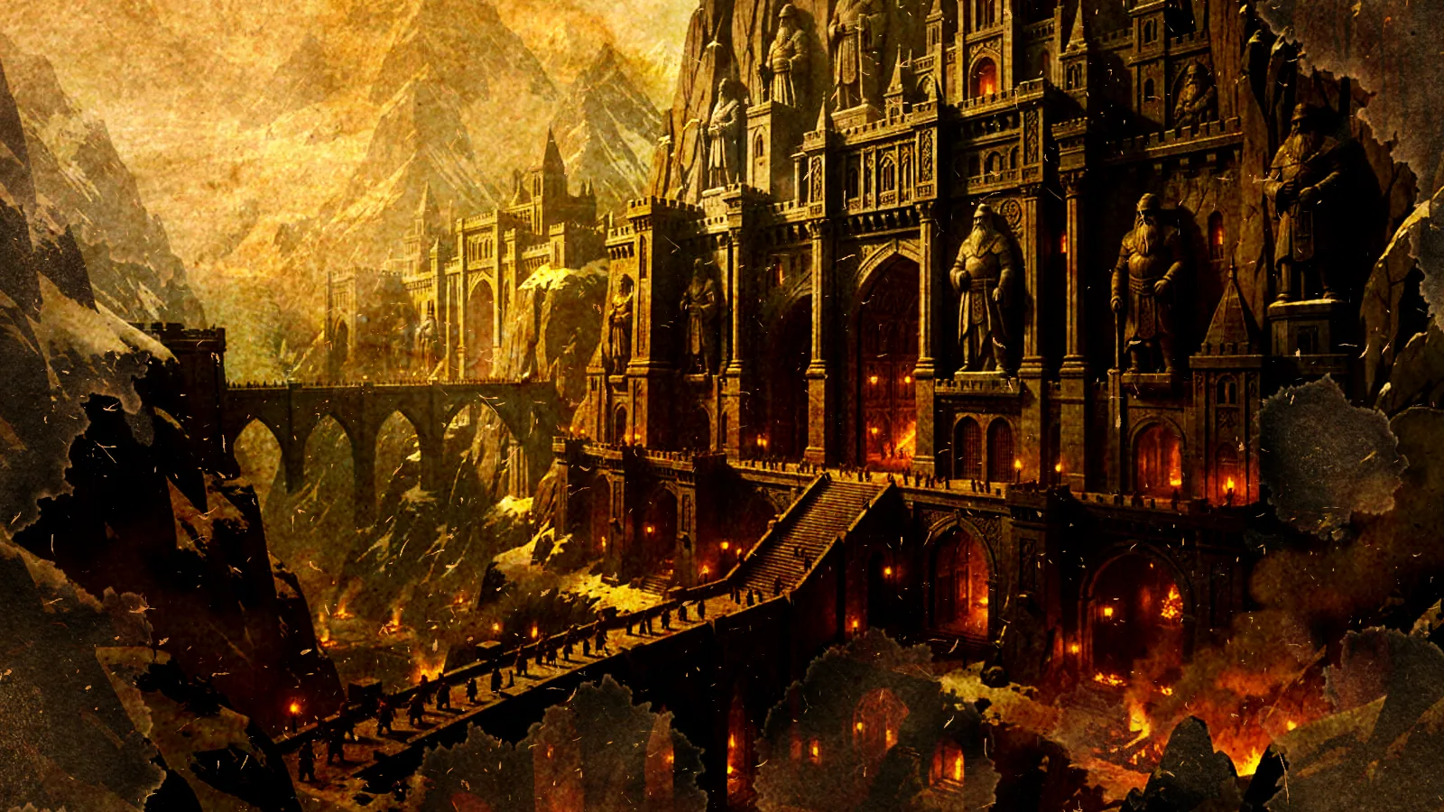Colossal carved warrior statues loom over Ael Maern's torch-lit gates and bridge, mountain peaks rising through amber mist behind the Thergen capital.