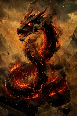 A coiled, serpentine dragon of cracked black scale and molten fissures rears its horned head amid billowing ash and smoke, one eye glowing like an ember.