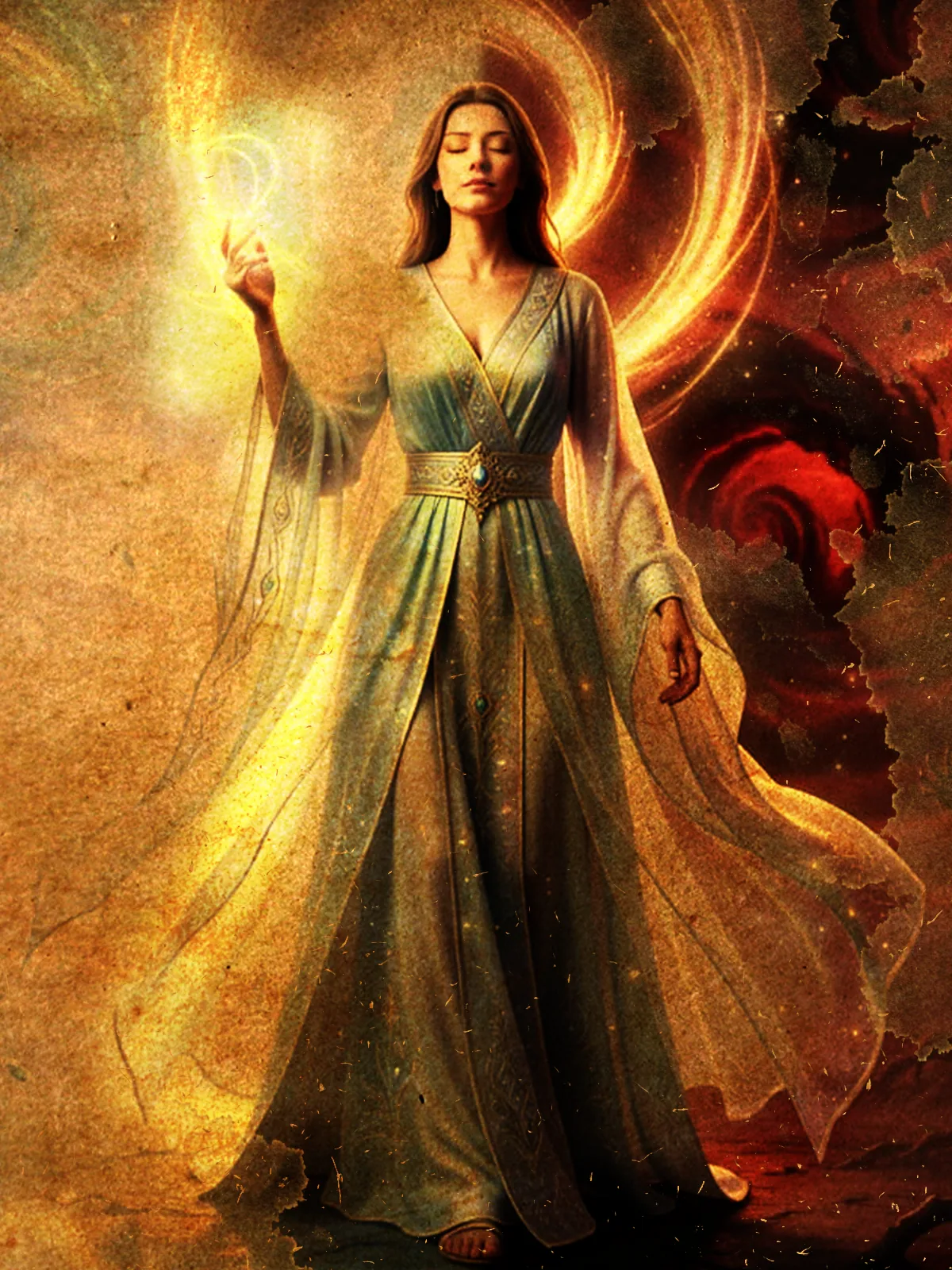 A serene woman in a flowing sea-green gown stands with eyes closed, cradling a glowing crescent light against a swirling red-and-gold dreamscape.