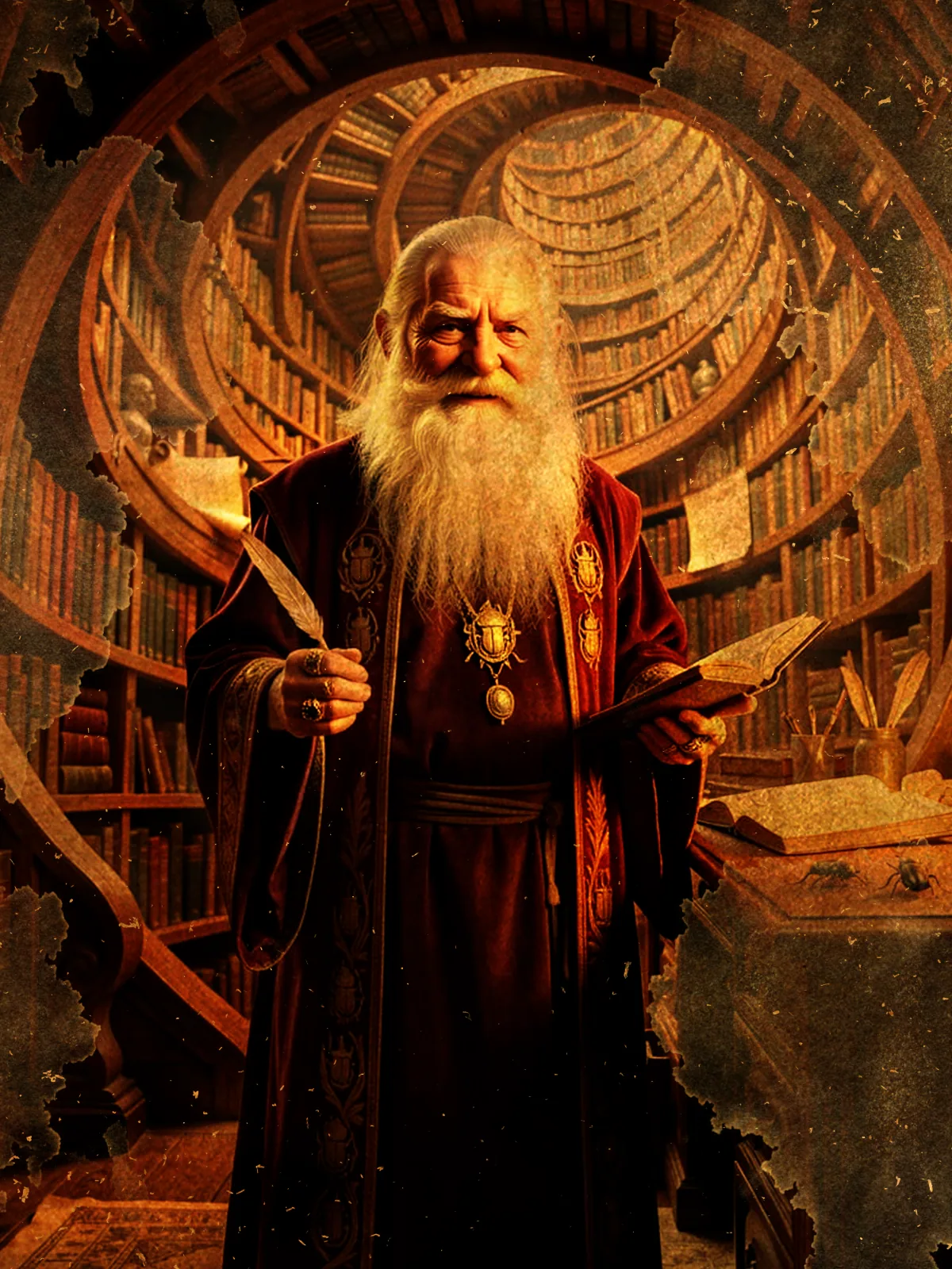 A long-bearded elder in a scarab-adorned crimson robe holds a quill and open book within the spiraling, book-lined shelves of a vast library.