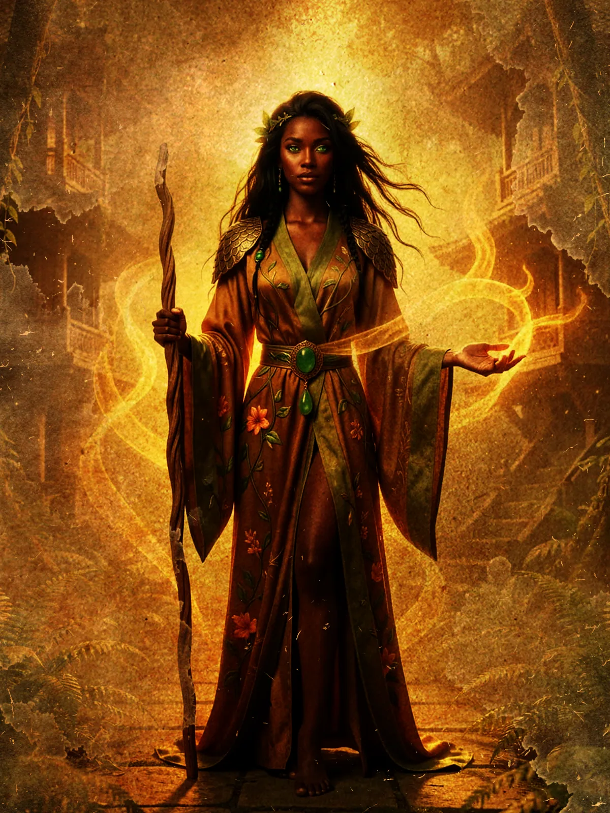 A dark-skinned Ovate stands barefoot amid ferns in a green-and-gold floral robe, gripping a gnarled staff as golden lifeforce coils behind her.