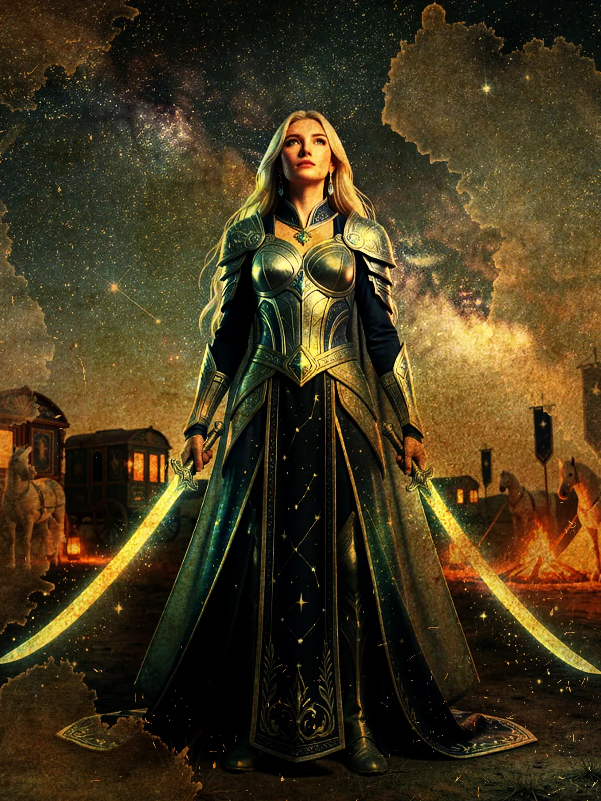 A golden-armored Starseeker with flowing pale hair stands beneath a starlit sky wielding twin glowing sabers, caravan wagons and firelight behind her.