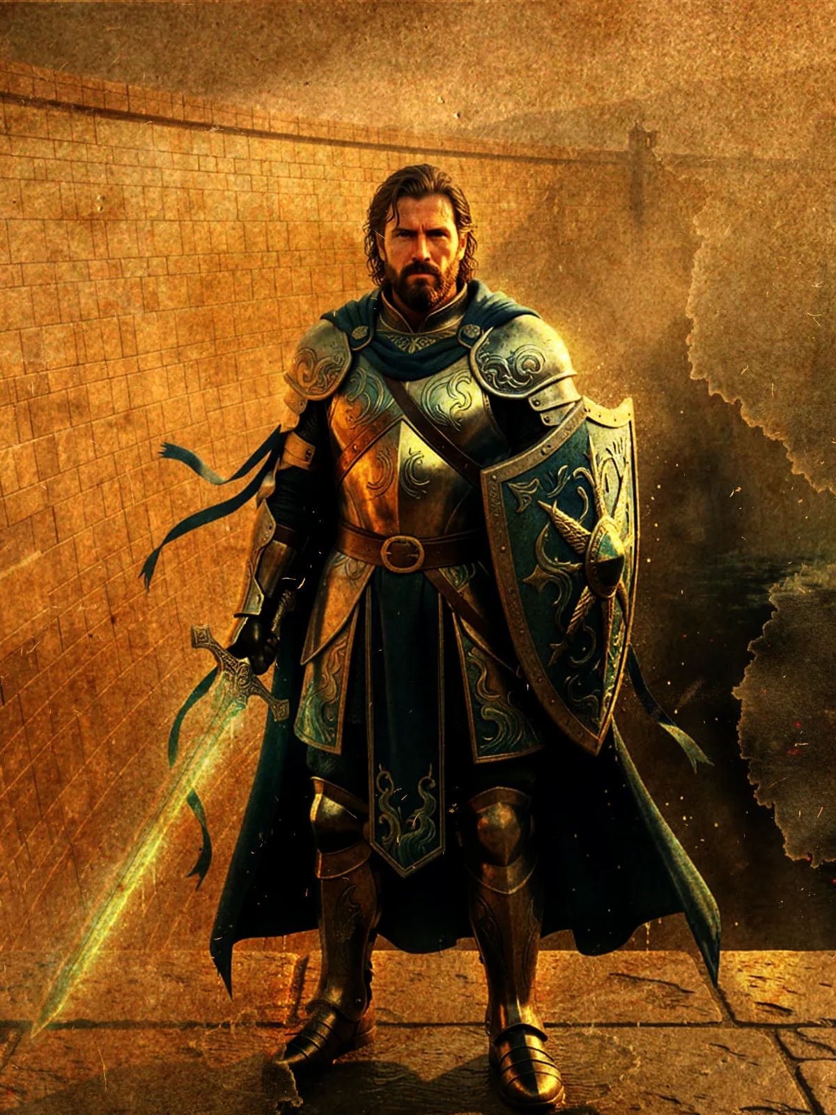 A bearded knight in blue-and-gold plate armor bearing an engraved shield and glowing sword stands before a sunlit stone wall.