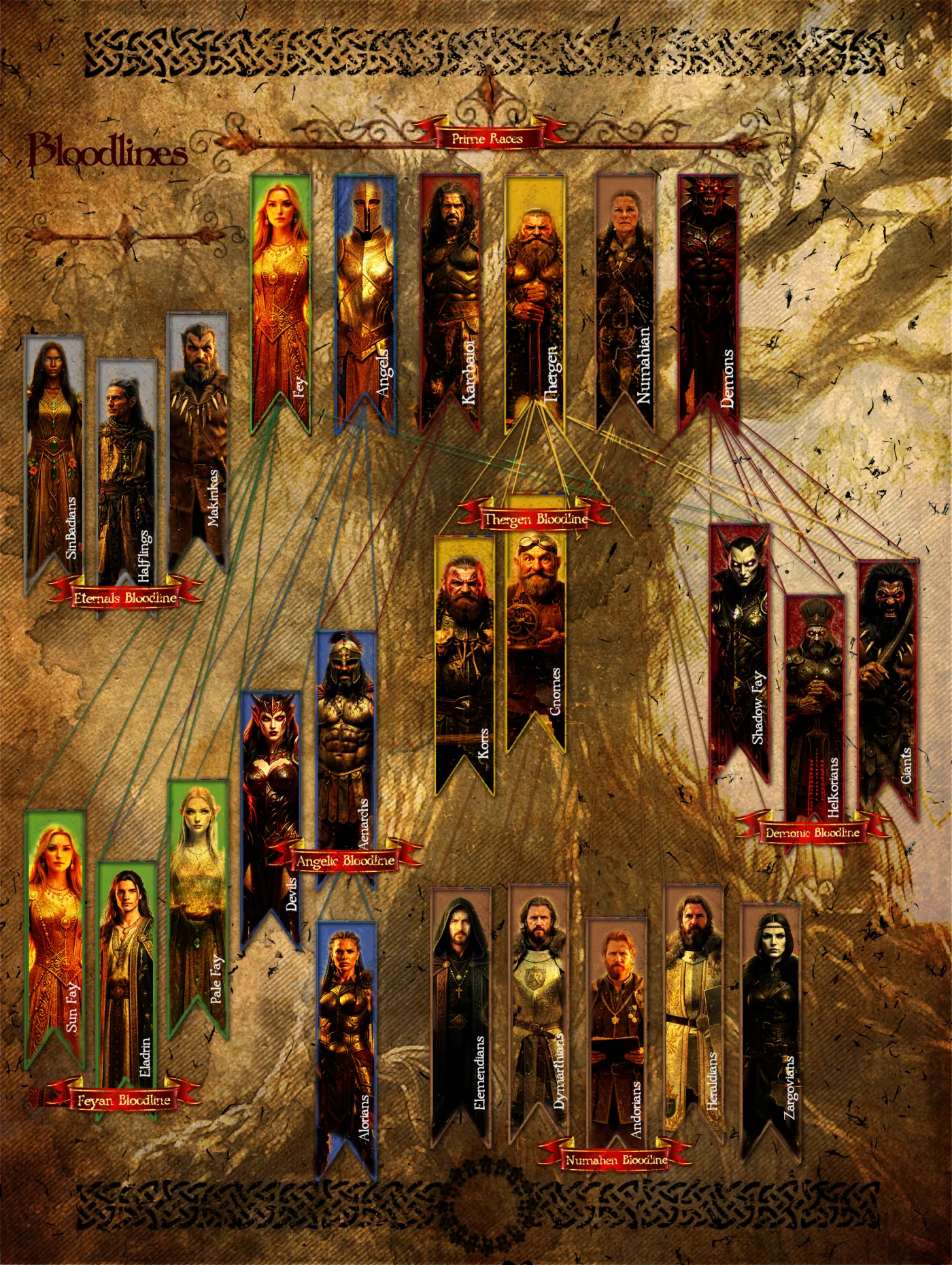 Bloodlines chart: a genealogical tree tracing the six Prime Races, Fey, Angels, Karchator, Thergen, Numahian and Demons, down through their bloodlines to every kindred of Therasya.