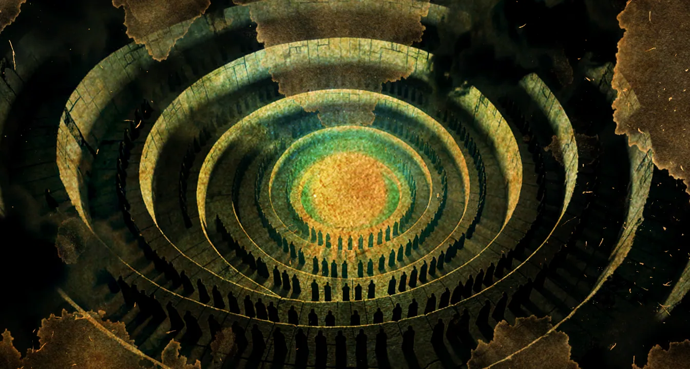 The rings of Ancestral — countless robed souls gathered in concentric circles around a burning heart of light, the darkness gnawing at the edges