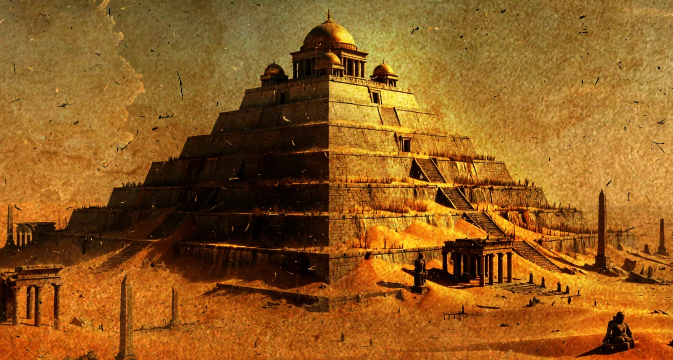 A sand-buried stepped pyramid rising from a scorched desert, its terraces cracked and half-swallowed by dunes