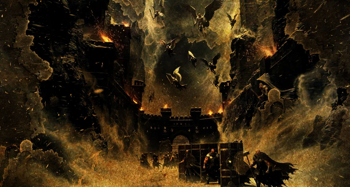 Night assault upon the black rune-carved gate of Cord's Arm, winged angelic warriors above armoured Defenders holding the wall amid fire and ash