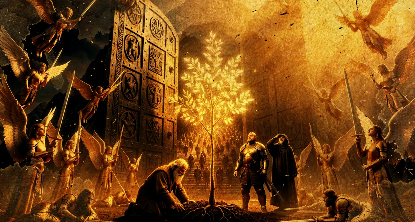 A long procession of mortals climbing from the deep dark toward a rekindled sun