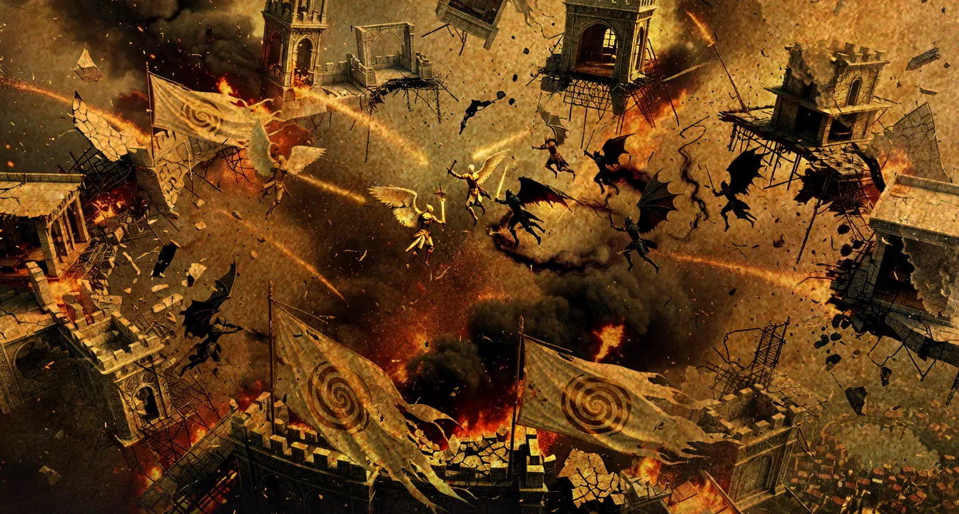 Cloudkeep's battlements falling like burning meteors onto Lyden during the demon invasion of 30 BS