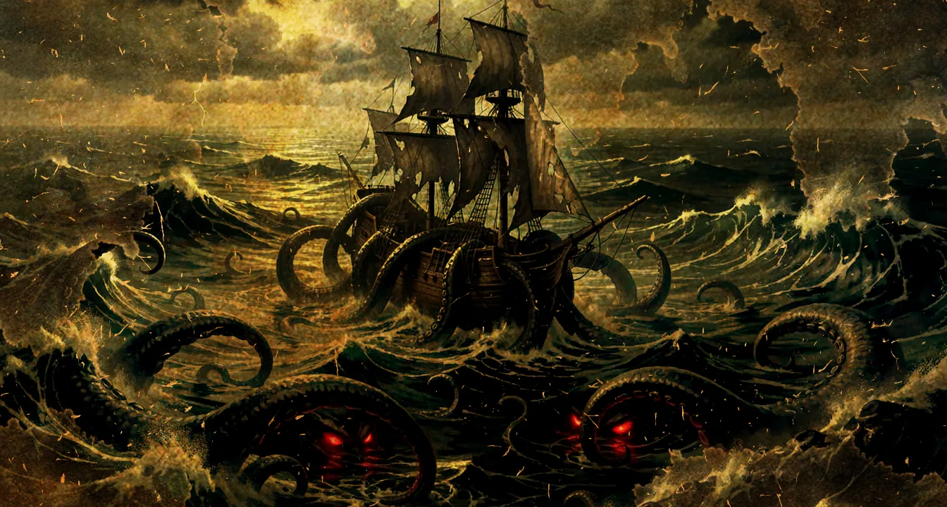 A small ship dwarfed beneath black waves, vast shapes moving in the deep below