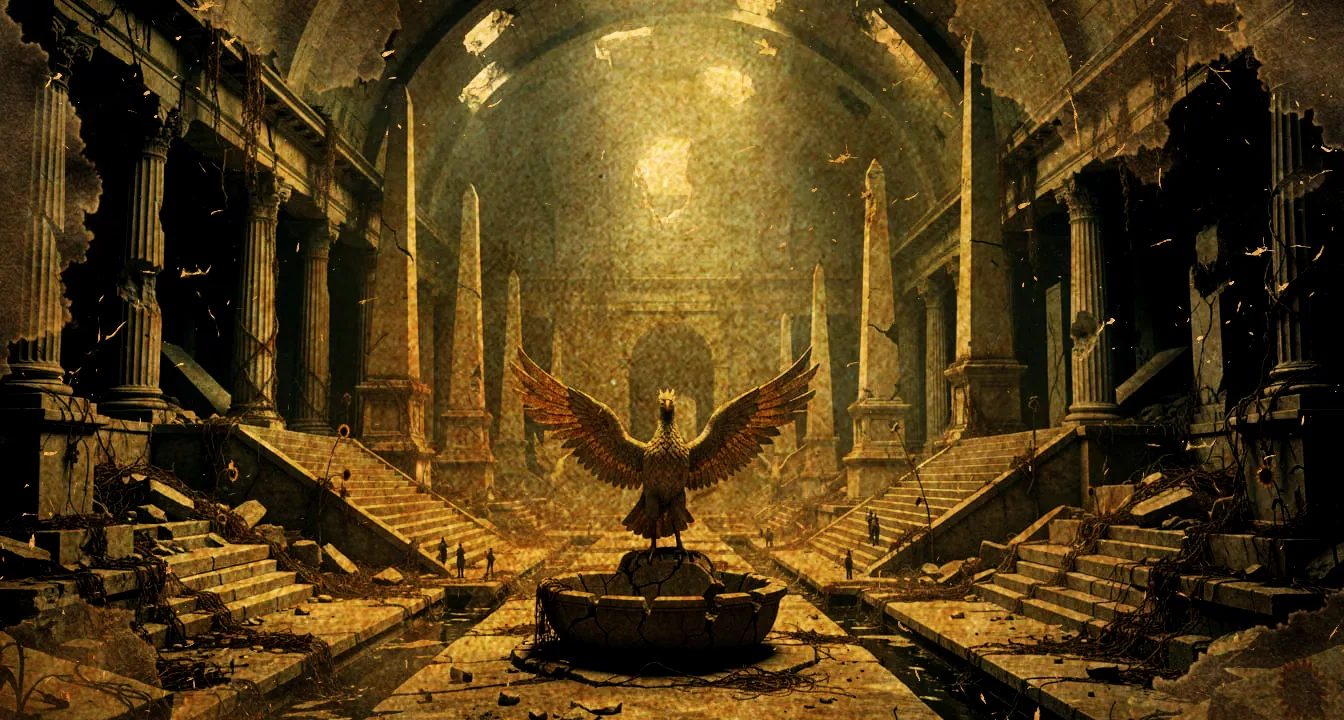 A ruined pyramid interior, columns broken and staircases cracked, a single phoenix statue still standing over a shattered fountain
