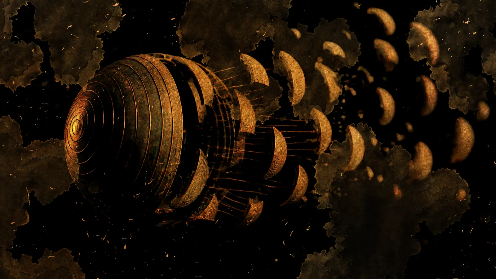 A banded bronze sphere breaks apart, its curved fragments trailing away in an arc across a mottled black and gold ground