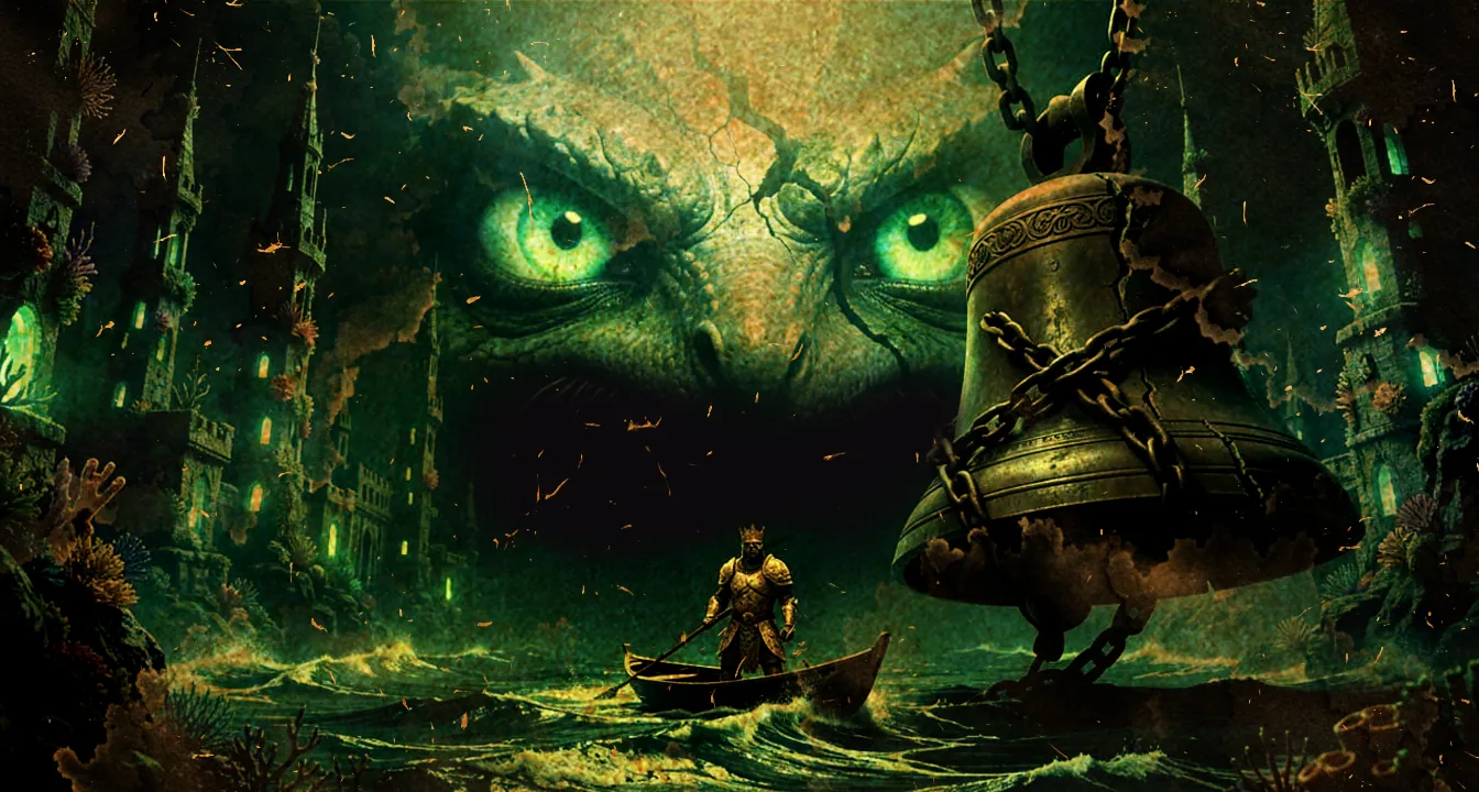 The colossal sea-devourer Leviathan rises from a drowned, spired city as a crowned Drowned King stands upon the waves before a small boat