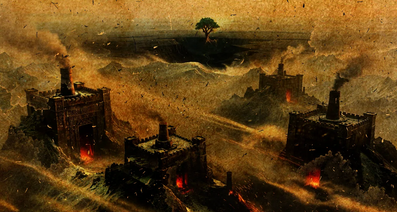 Smoke-wreathed forge towers of Nar Zak, their furnaces burning through the haze, with the distant Tree of Life visible in its crater on the horizon
