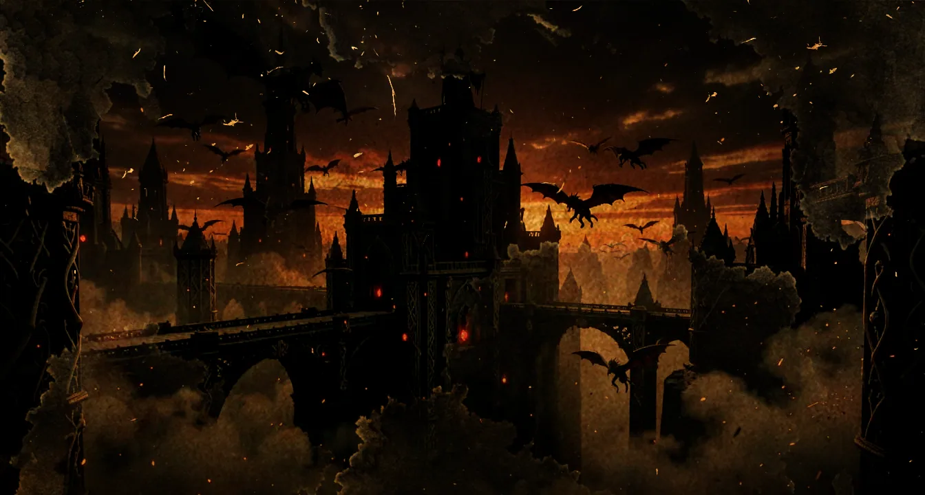 The demon-city of Ahriman, obsidian towers rising over smoke-filled chasms beneath a burning sky