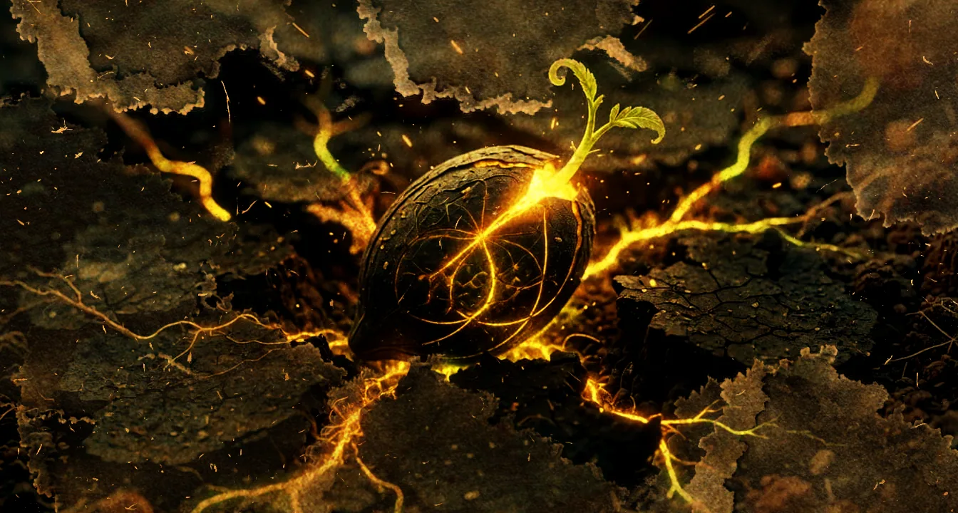 The Seed of Life cracked open in the dark earth, veins of bronze light spreading through the soil as a green shoot unfurls