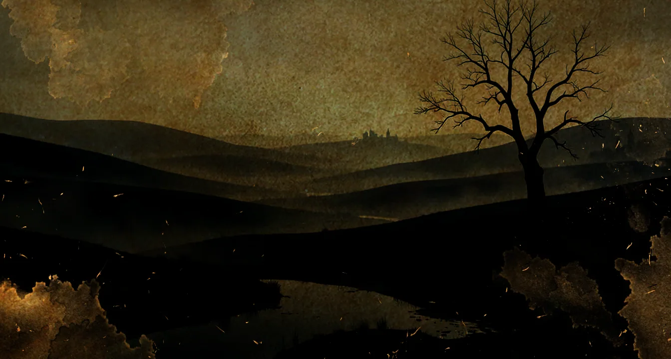The Plane of Shadow — a darkened mirror of the living world, black hills and a dead tree beneath a dusk that never lifts