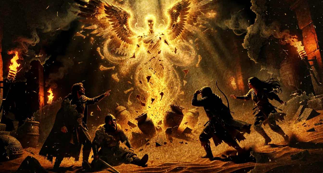 A skeletal angel's bones and wings reassemble in a burst of white-gold light within an ancient tomb chamber, watched by four stunned grave-robbers