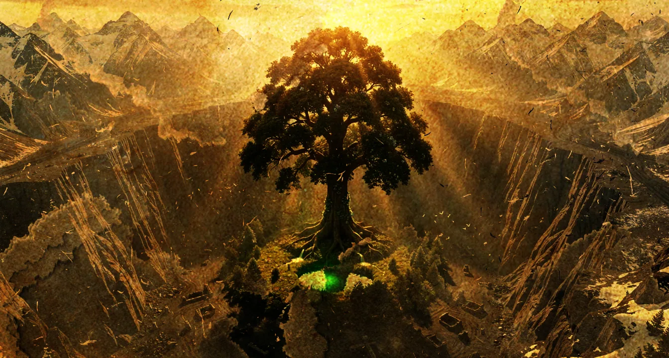 The Tree of Life rising at the centre of its crater vale, golden light breaking through the surrounding mountains