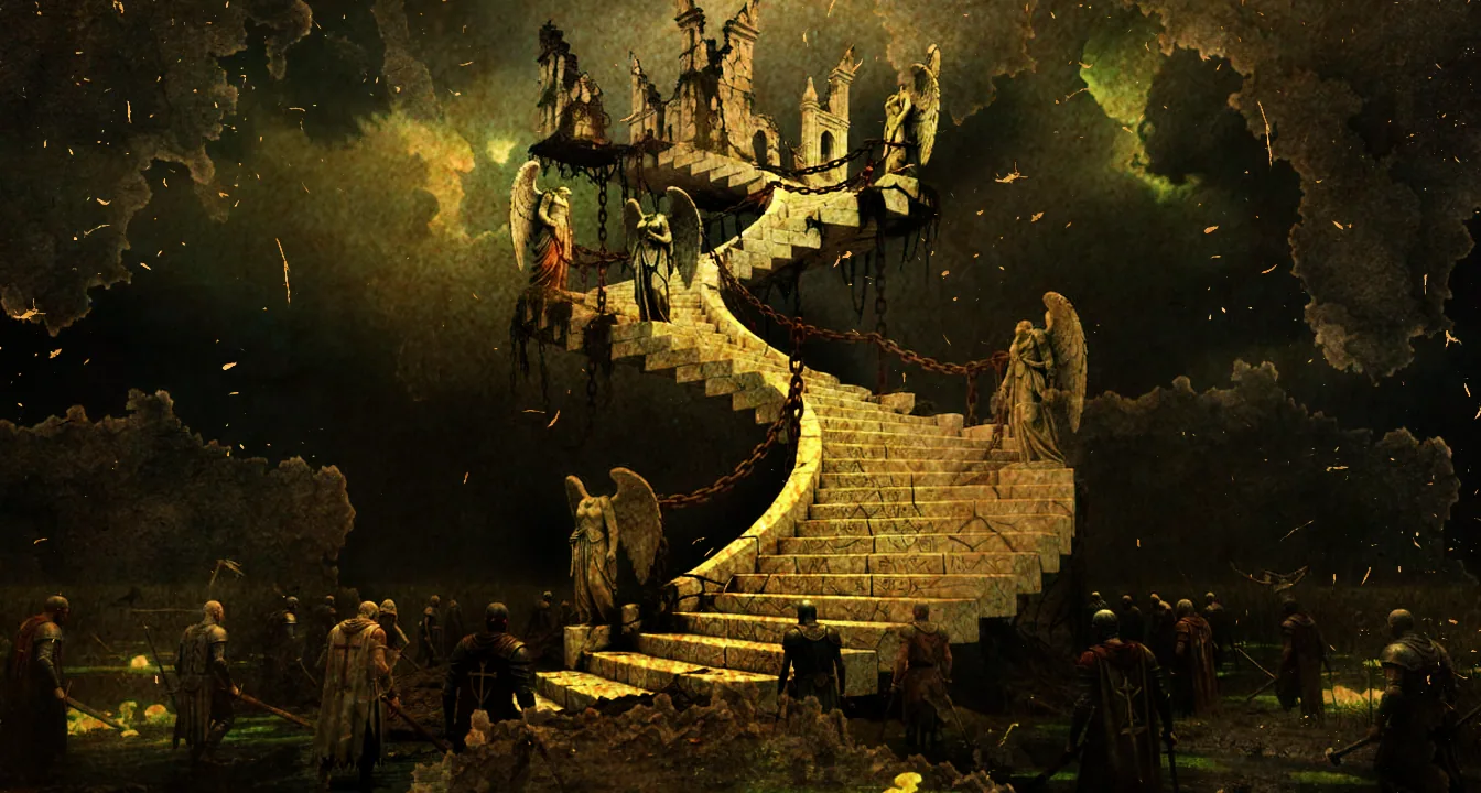 An impossibly tall spiral staircase rises from a stormy swamp toward the ruins of a floating angelic fortress, undead warriors wading below