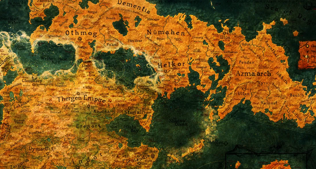 The world map of Therasya, its continents, kingdoms, seas, and the glowing Haze Rifts walling off the northern dark
