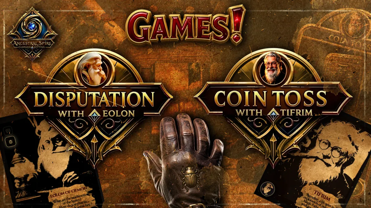 Two gold-and-garnet emblems side by side — Disputation with Eolon, Coin Toss with Tifrim — above a leather gauntlet raised palm-out with a brass scarab on it.