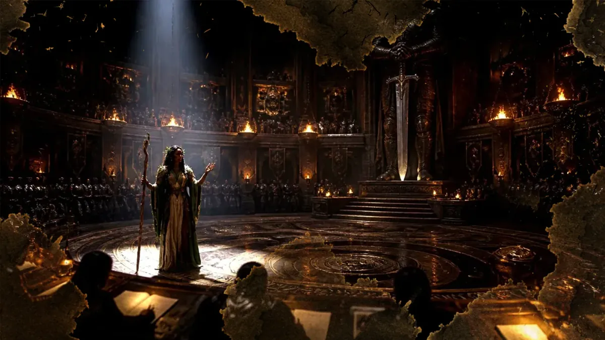 A green-robed druidess with a staff and a crown of leaves stands on a vast inlaid circle in a torchlit domed hall, ranks of armoured figures and a colossal upright sword behind her.
