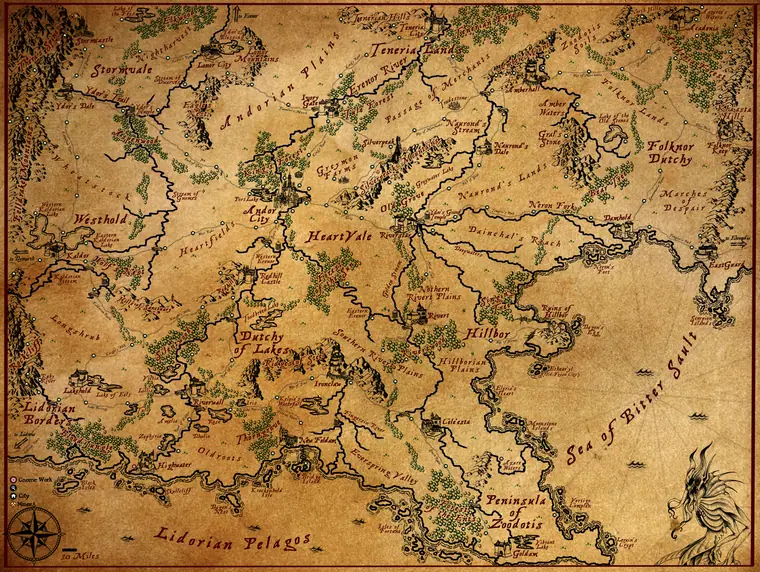 Map — Andor. A regional survey of the lands of Andor.